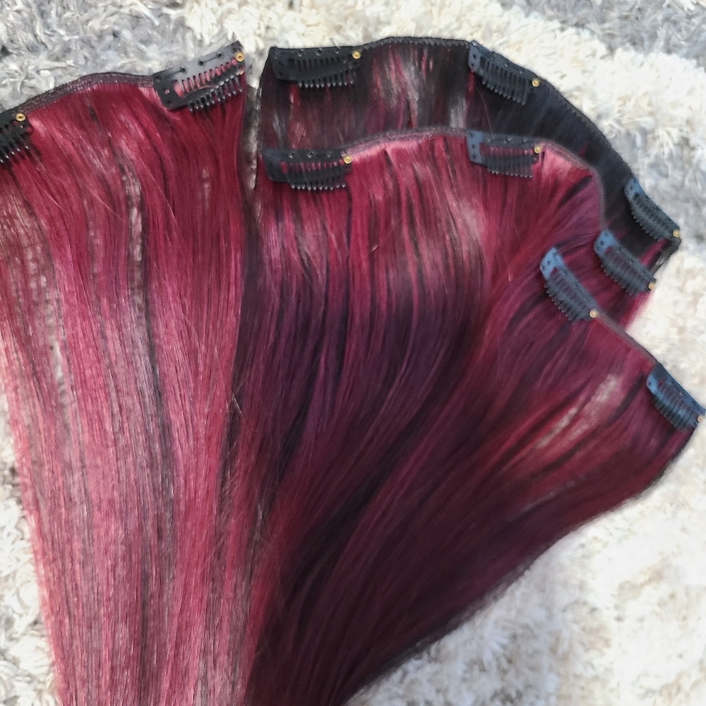 4 pc Red & Black Heat Resistant Hair Clip in Hair Extensions ✨️ 18 inch